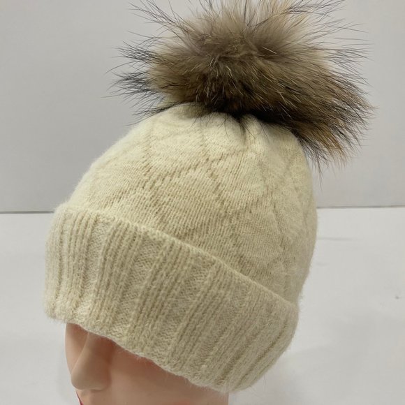Knit Beanie Hat with Real Fox Fur Pom - Picture 1 of 2